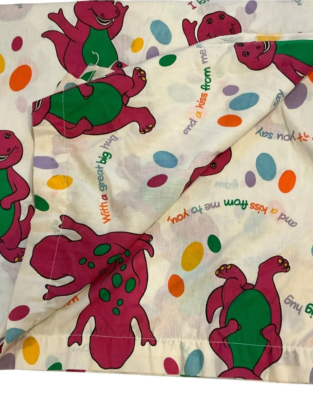 Vtg 1992 Barneys purple dinosaur twin size bed sheet flat ,fitted and pillowcase